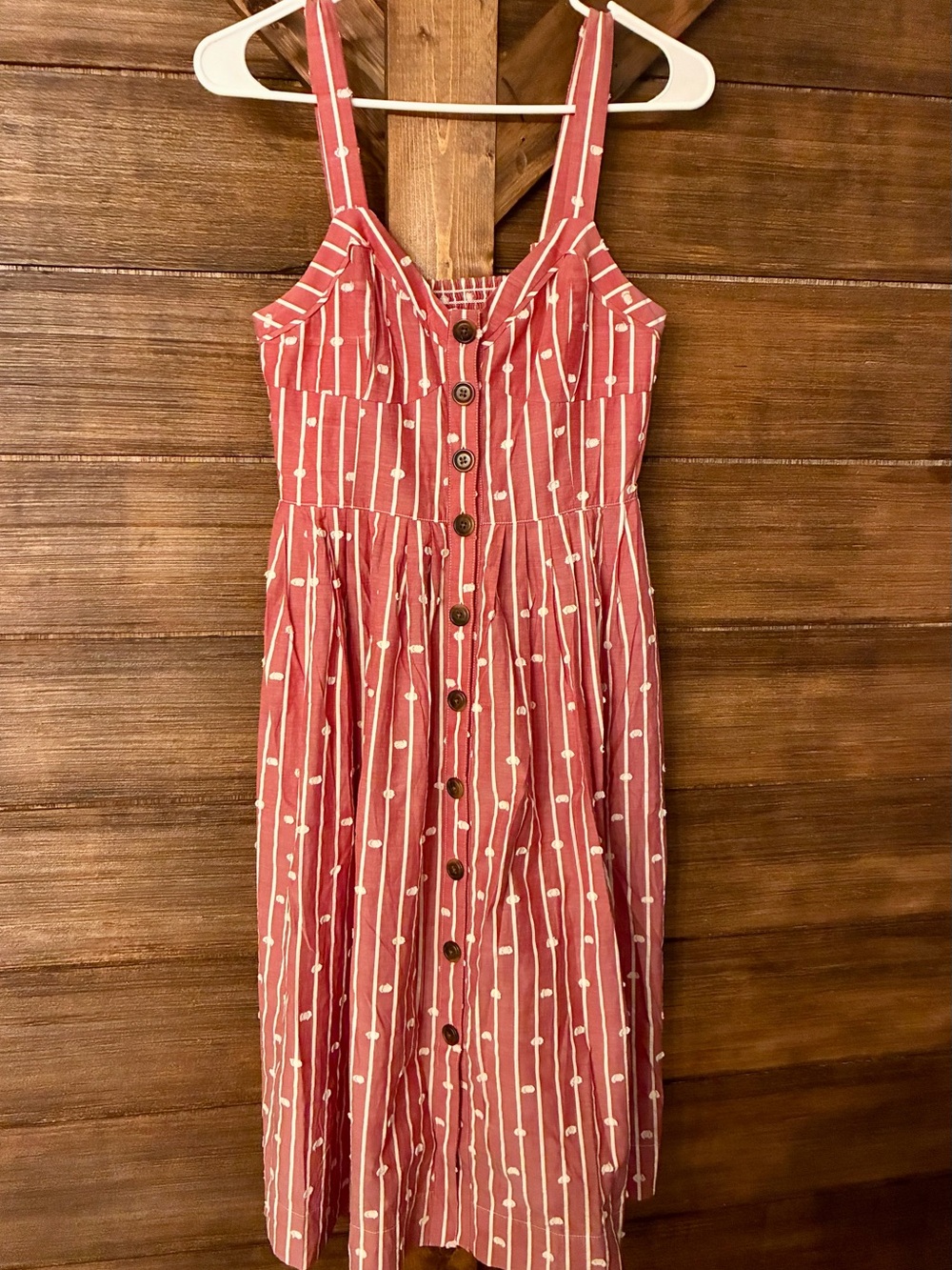 Maeve Pink-Red Striped Button-Front Midi Dress